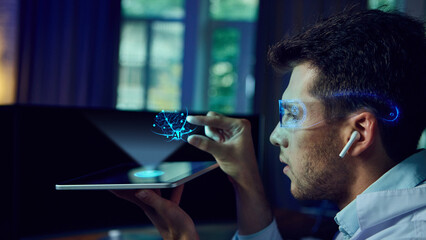 Researcher examines digital holographic brain model with AI neural visualization. Concept of neuroscience, AI applications, digital burnout, and modern medical education. Collage