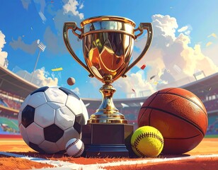 Trophy surrounded by sports balls in stadium