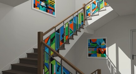 Staircase with colorful geometric railing design and wall art indoors