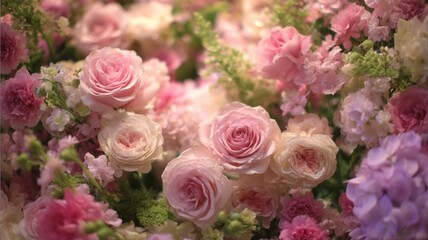 Lush pink floral tapestry in soft light. AI image