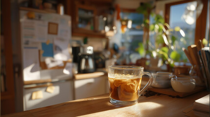 Naklejka premium A sophomore brews coffee in a tiny kitchenette surrounded by mugs scattered coffee grounds and a timetable pinned to the fridge shown in a cozy photo with liquid swirls paper