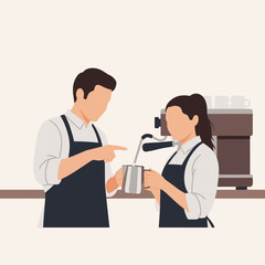 Male barista teaching a female colleague how to steam milk using an espresso machine. Professional coffee making training session in a cafe