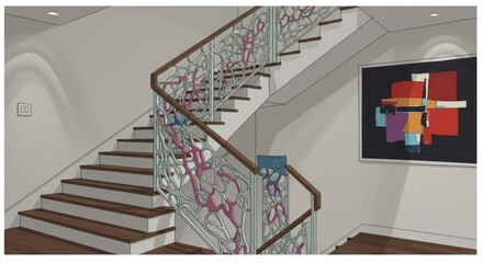 Interior staircase with modern decorative railing and abstract artwork