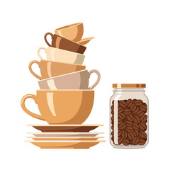 Vector illustration of a stack of coffee cups and saucers in brown and beige tones with a glass jar of coffee beans, concept for a cafe menu or morning beverage