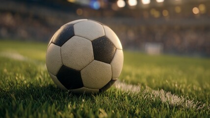 Soccer ball on green field under stadium lights. AI image