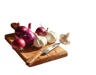 Rustic Kitchen Flat Lay with Onions and Garlic
