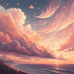 Ethereal watercolor painting of a serene sunset sky over a gentle ocean waves at twilight illustration