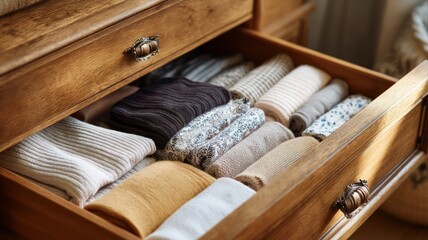 Neatly organized drawer with folded clothes in warm lighting. AI image