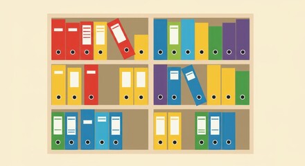 Shelves filled with colorful folders and binders organized in office