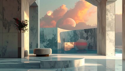An interior space merges modern design with surreal elements. Soft light illuminates marble textures and geometric shapes, complemented by a celestial backdrop