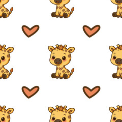 Fototapeta premium Cute cartoon kawaii giraffe with hearts seamless pattern