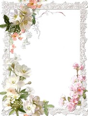 Rectangular frame adorned with delicate lace border and watercolor-style floral arrangements of white and pink blossoms, creating a romantic and elegant design