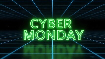 Bright neon "Cyber Monday" text glows against a futuristic digital grid background, symbolizing online shopping and technology. - Powered by Adobe