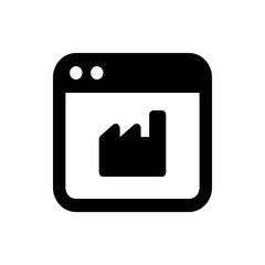A black and white icon depicting a factory inside a stylized window or screen representation graphic
