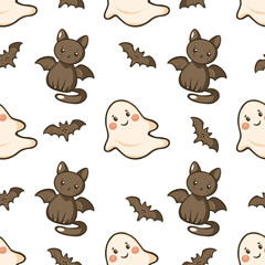 Halloween cartoon ghost, bat and dark cat seamless pattern, Kawaii Halloween Ghost, Bat and Cat seamless pattern