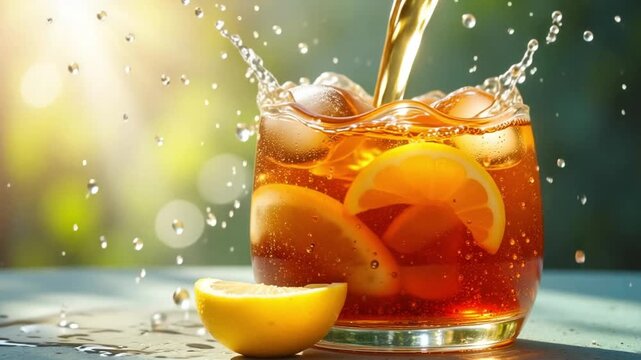 Refreshing iced tea being poured with lemon and ice, perfect for a hot summer day, creating a splash of cool refreshment and relaxation