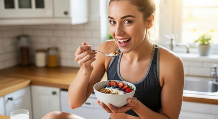 A woman in athletic wear is happily eating a healthy breakfast with fruits and yogurt in a kitchen, promoting a healthy lifestyle and nutritious eating habits.