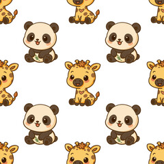 Cute cartoon kawaii Panda and giraffe seamless pattern