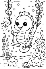 Adorable seahorse on swing surrounded by marine life coloring page style