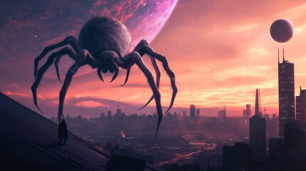 Encounter on a distant planet with a giant spider looming over an astronaut