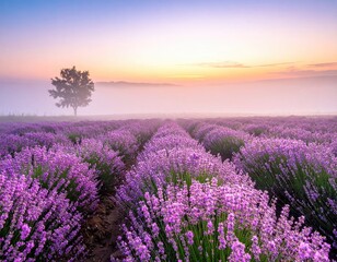 Fototapeta premium Lavender field at sunrise, misty landscape