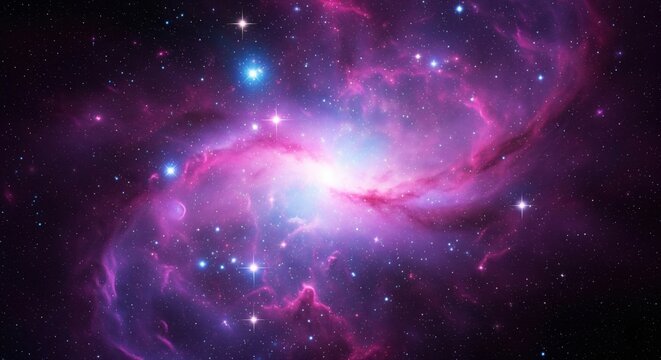  Colorful Galaxy and Nebula. A captivating cosmic scene depicting a galaxy and nebula painted in shades of purple, pink, and blue, with a burst of bright light at the center and scattered stars