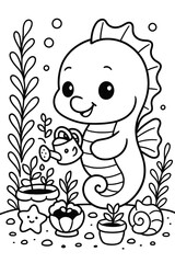 Adorable seahorse waters plants in cute underwater garden illustration