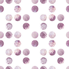 Seamless pattern with polka dots. Light purple polka dots on white. Textured background with real watercolor paint.