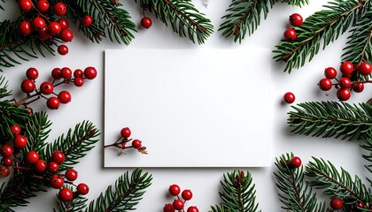 Blank card surrounded by Christmas greenery and berries