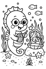 Adorable seahorse with glasses enjoying popcorn at an underwater movie theater