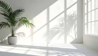 Fototapeta premium Sunny white room with plant and shadows