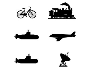Transportation Silhouettes Bicycle, Train, Submarine, Airplane, and Satellite Dish Icons for Design