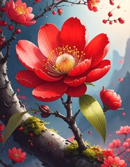 Vibrant red flower on a branch