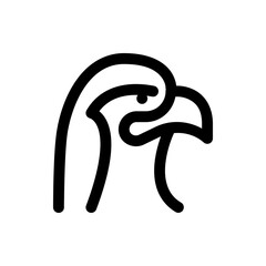 A minimalist line drawing of an eagle head with a curved beak and sleek design on a white background space