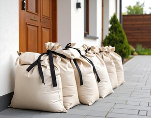 Beige bags lined up at a house entrance