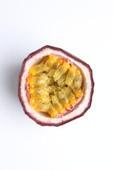 Half of fresh passion fruit on white background, top view