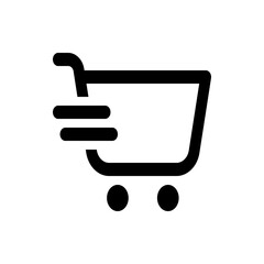 A simple black and white icon depicting a shopping cart with motion lines indicating speed or movement