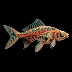 Fototapeta premium Intricate skeletal structure of a fish underwater exhibition science visualization dark background close-up biological study