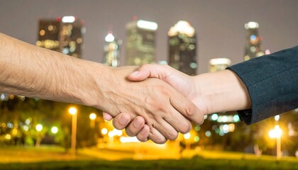 A closeup of two hands shaking, in front of an out-of-focus city skyline at night