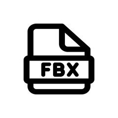 A simple black and white icon of an fbx file format with bold lines on a white background image view