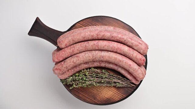 Freshly made sausages ready for cooking with thyme