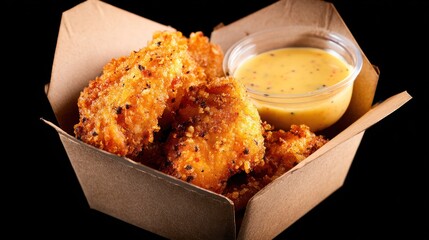 Crispy fried shrimp in box with dip