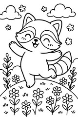 Cheerful raccoon illustration dancing among flowers and clouds in nature