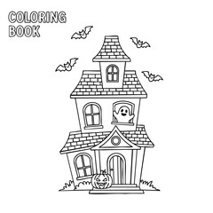 A whimsical haunted house with bats, a ghost in the window, and a pumpkin on the porch, perfect for coloring fun.