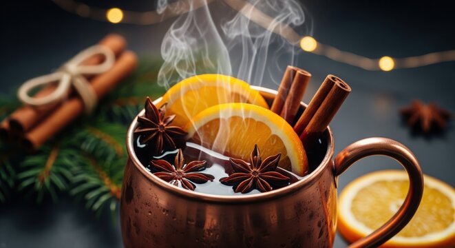 Steaming Mulled Wine in Copper Mug.  A festive close-up of a steaming copper mug filled with mulled wine, garnished with orange slices, star anise, and cinnamon sticks, with cinnamon sticks - Powered by Adobe