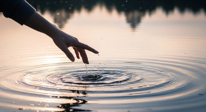 Hand Touching Water Creating Ripples.  A serene image of a hand gently touching the surface of calm water, creating ripples that spread across the water’s surface with the reflections of trees 