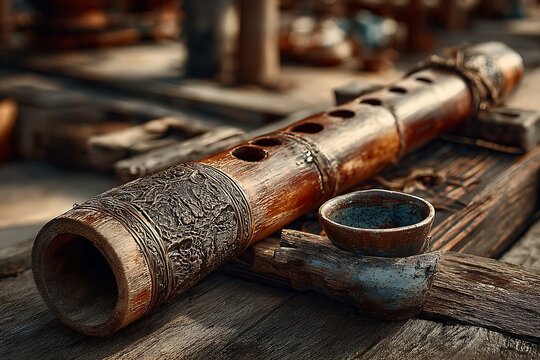 Bamboo guiro instrument with natural rustic finish high resolution picture