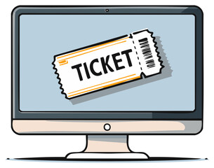 Computer screen displays a digital ticket icon for online event access and booking