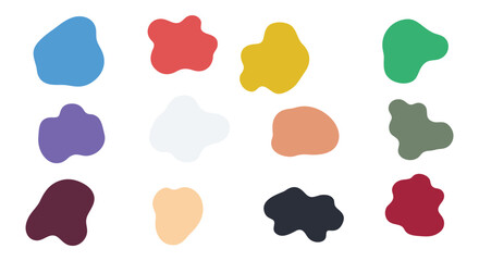 A collection of abstract colorful blob shapes in various colors and irregular organic forms isolated on a white background, ideal for graphic design, decoration and modern layouts