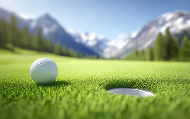 Golf ball green putting green hole cup fairway grass mountain view morning light outdoor sport summer day closeup focus calm mood golf ball rests putting green near hole morning light